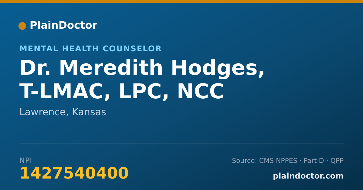 Shareable card for Meredith Hodges, T-LMAC, LPC, NCC - Mental Health Counselor, Lawrence, KS