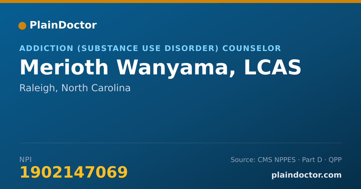 Shareable card for Merioth Wanyama, LCAS - Addiction (Substance Use Disorder) Counselor, Raleigh, NC