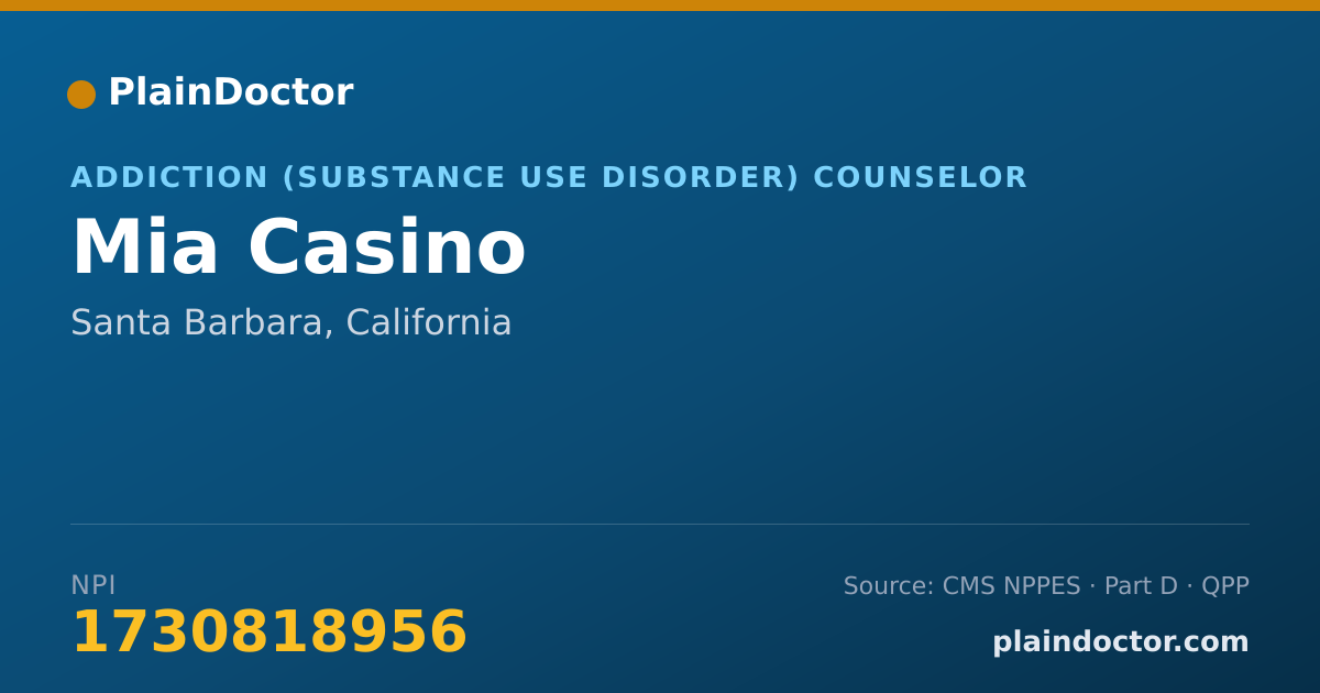 Shareable card for Mia Casino - Addiction (Substance Use Disorder) Counselor, Santa Barbara, CA
