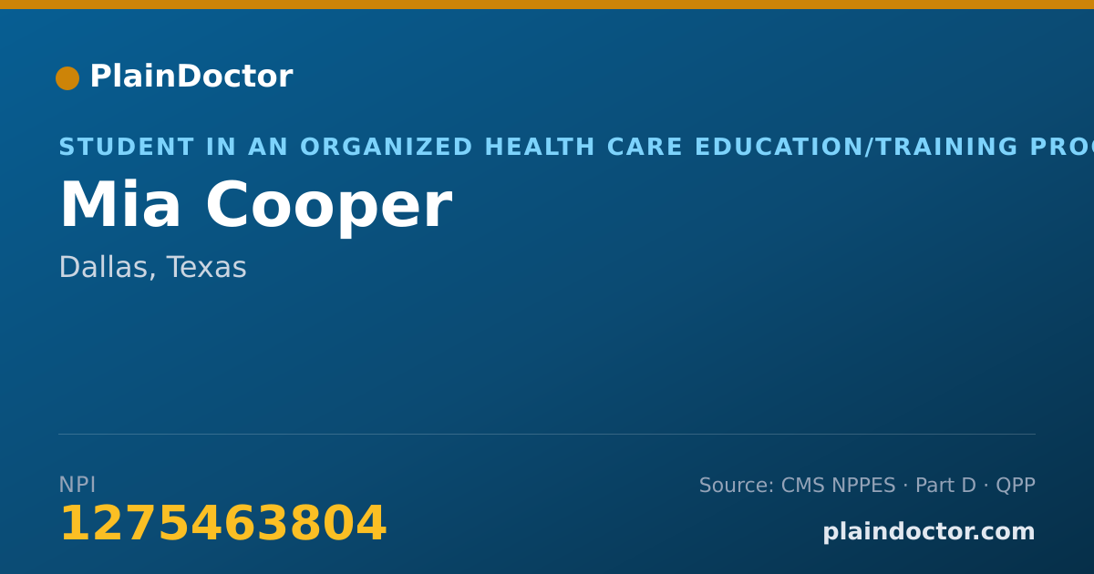 Shareable card for Mia Cooper - Student in an Organized Health Care Education/Training Program, Dallas, TX