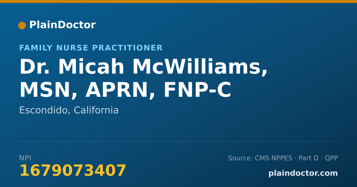 Shareable card for Micah McWilliams, MSN, APRN, FNP-C - Family Nurse Practitioner, Escondido, CA