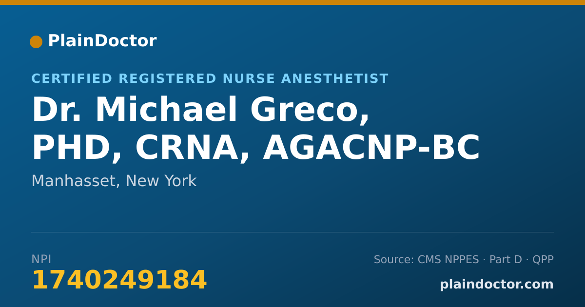 Shareable card for Michael Greco, PHD, CRNA, AGACNP-BC - Certified Registered Nurse Anesthetist, Manhasset, NY