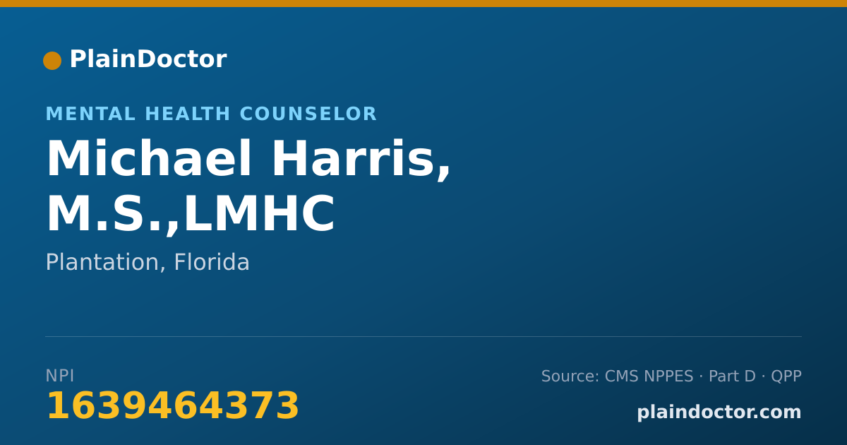 Shareable card for Michael Harris, M.S.,LMHC - Mental Health Counselor, Plantation, FL