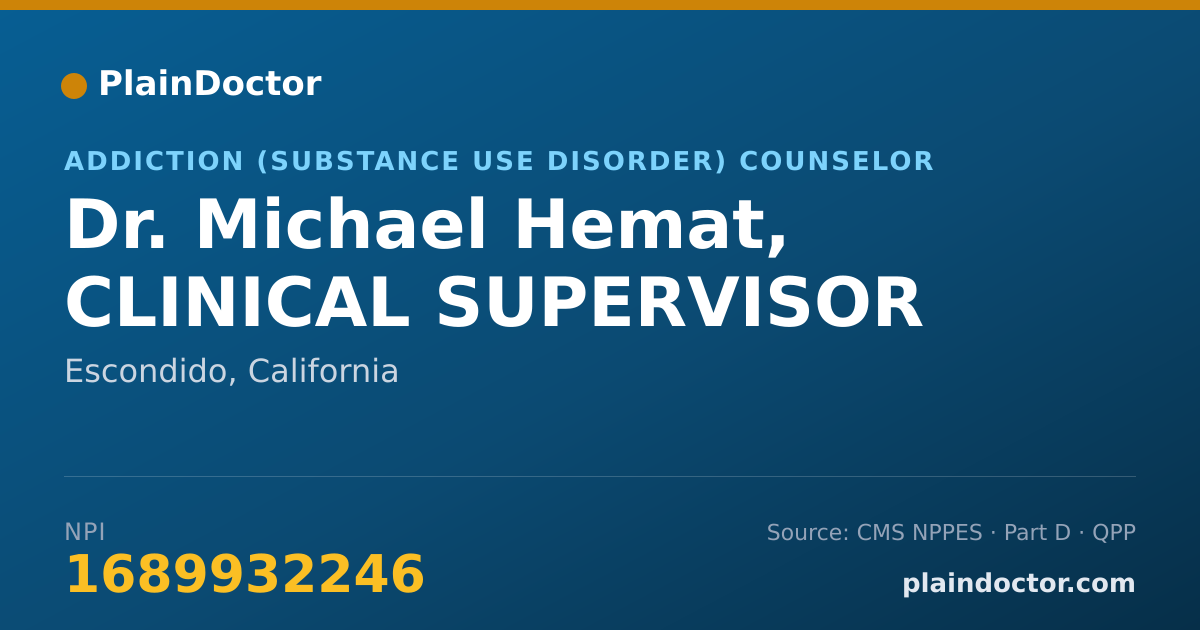 Shareable card for Michael Hemat, CLINICAL SUPERVISOR - Addiction (Substance Use Disorder) Counselor, Escondido, CA