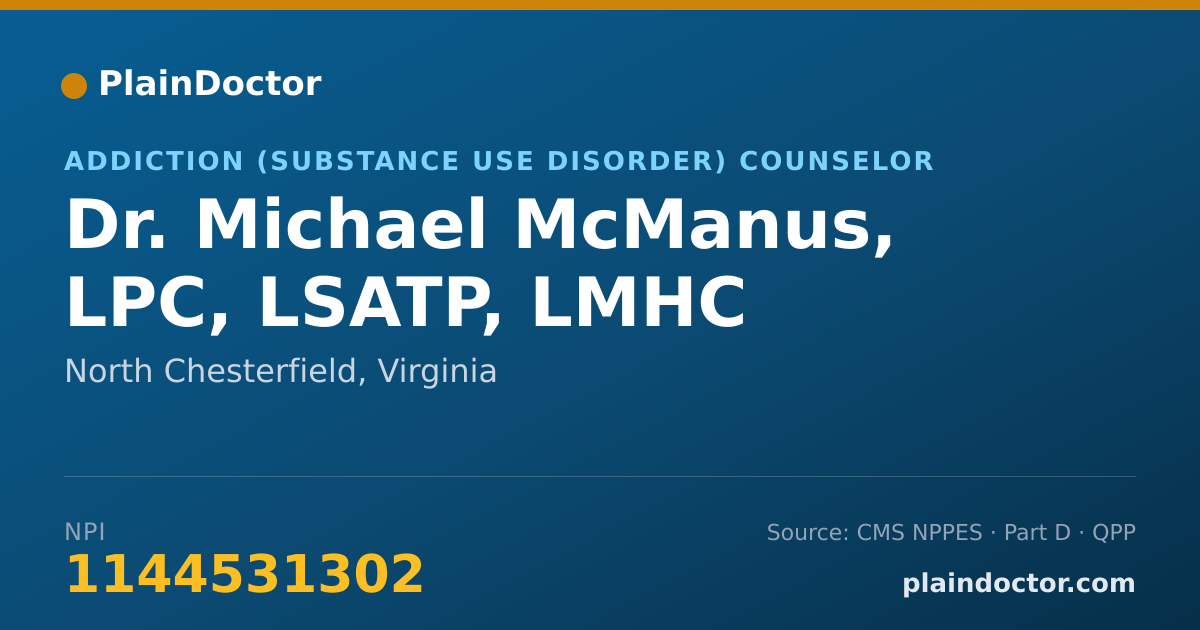 Shareable card for Michael McManus, LPC, LSATP, LMHC - Addiction (Substance Use Disorder) Counselor, North Chesterfield, VA