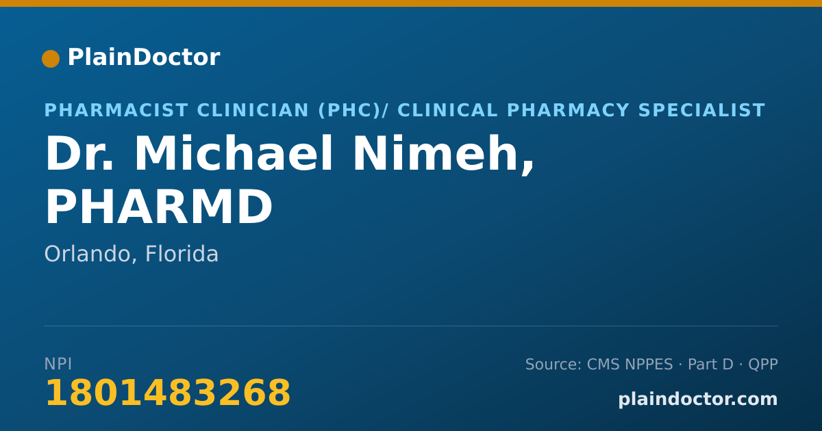 Shareable card for Michael Nimeh, PHARMD - Pharmacist Clinician (PhC)/ Clinical Pharmacy Specialist, Orlando, FL