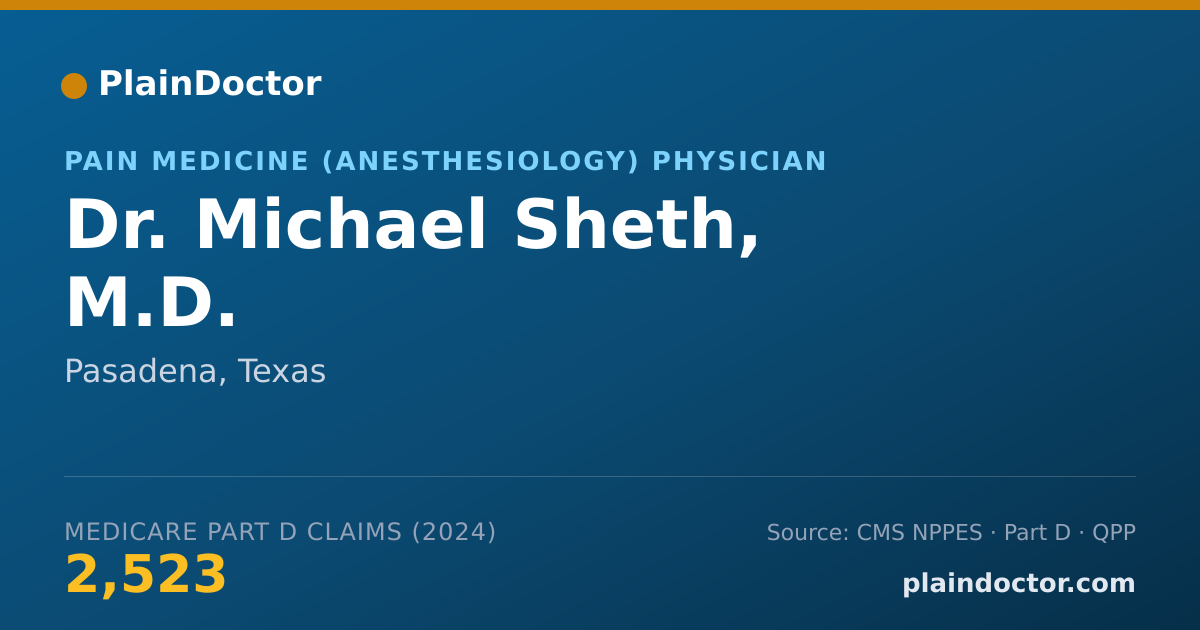 Shareable card for Michael Sheth, M.D. - Pain Medicine (Anesthesiology) Physician, Pasadena, TX