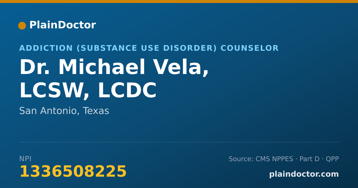 Shareable card for Michael Vela, LCSW, LCDC - Addiction (Substance Use Disorder) Counselor, San Antonio, TX