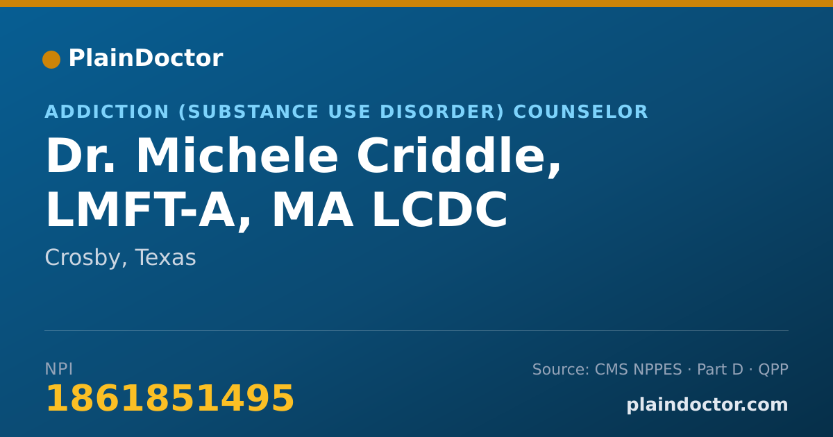 Shareable card for Michele Criddle, LMFT-A, MA LCDC - Addiction (Substance Use Disorder) Counselor, Crosby, TX