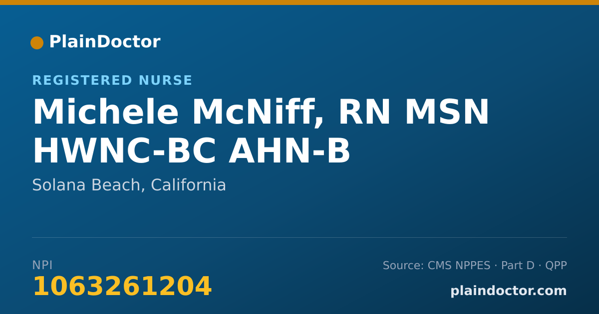 Shareable card for Michele McNiff, RN MSN HWNC-BC AHN-B - Registered Nurse, Solana Beach, CA