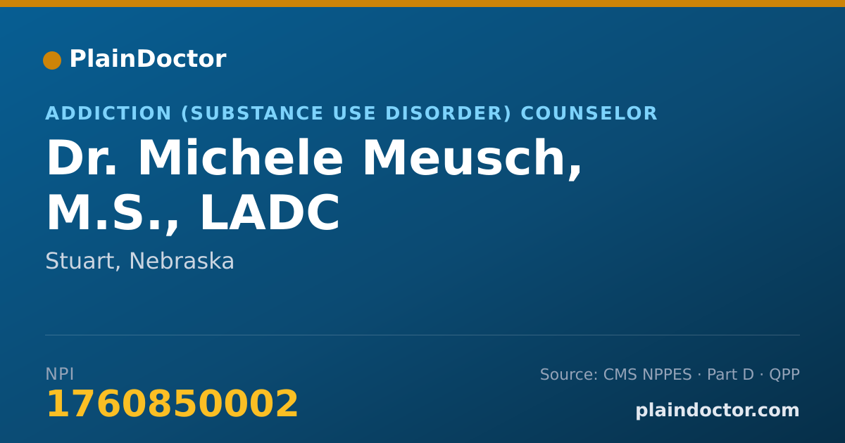 Shareable card for Michele Meusch, M.S., LADC - Addiction (Substance Use Disorder) Counselor, Stuart, NE