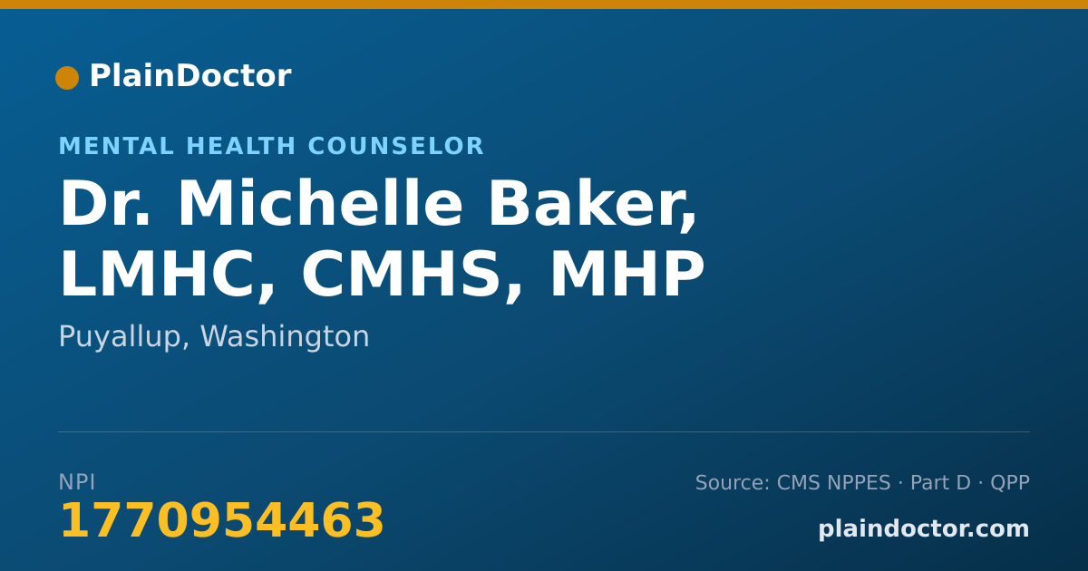 Shareable card for Michelle Baker, LMHC, CMHS, MHP - Mental Health Counselor, Puyallup, WA