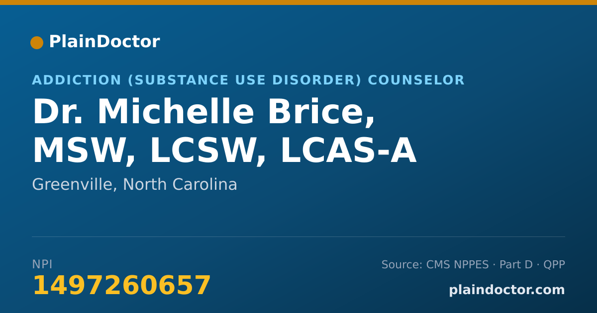 Shareable card for Michelle Brice, MSW, LCSW, LCAS-A - Addiction (Substance Use Disorder) Counselor, Greenville, NC