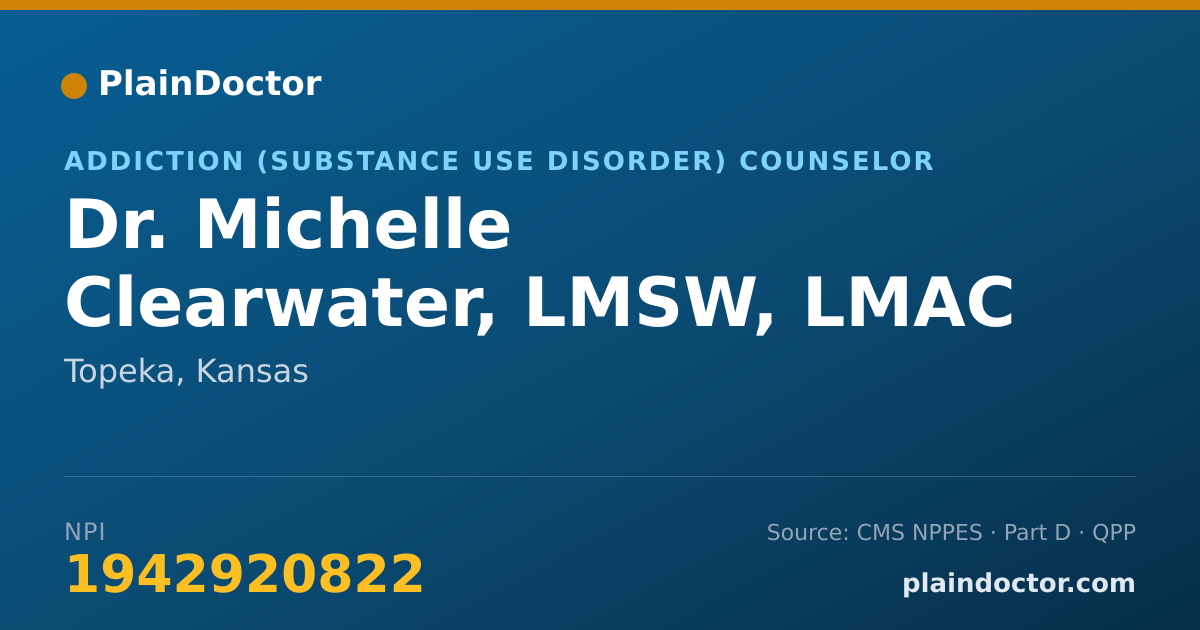 Shareable card for Michelle Clearwater, LMSW, LMAC - Addiction (Substance Use Disorder) Counselor, Topeka, KS