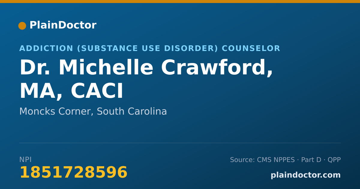Shareable card for Michelle Crawford, MA, CACI - Addiction (Substance Use Disorder) Counselor, Moncks Corner, SC