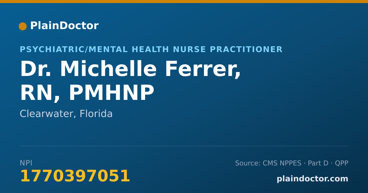 Shareable card for Michelle Ferrer, RN, PMHNP - Psychiatric/Mental Health Nurse Practitioner, Clearwater, FL