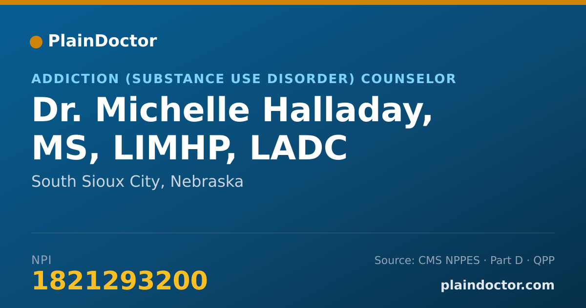 Shareable card for Michelle Halladay, MS, LIMHP, LADC - Addiction (Substance Use Disorder) Counselor, South Sioux City, NE