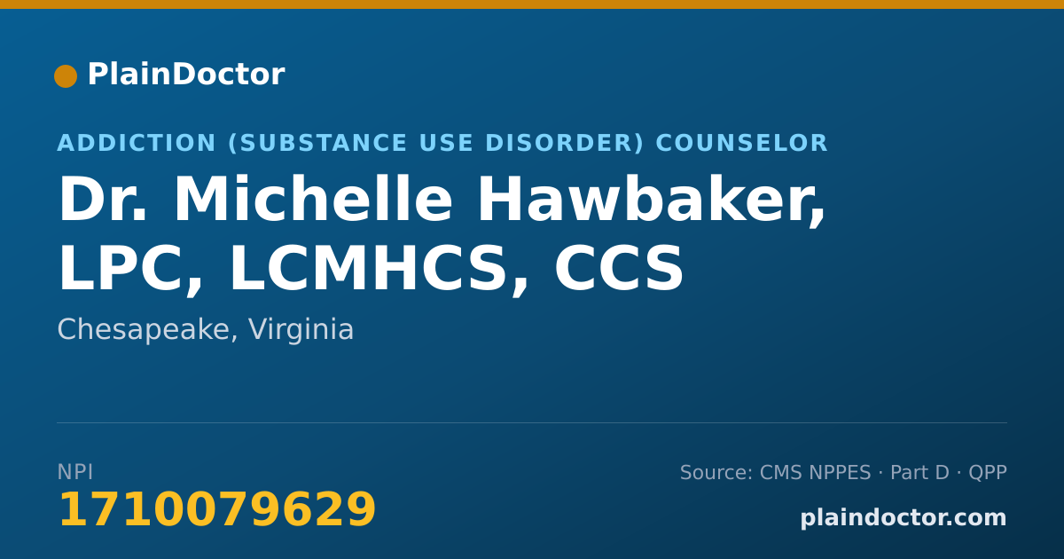 Shareable card for Michelle Hawbaker, LPC, LCMHCS, CCS - Addiction (Substance Use Disorder) Counselor, Chesapeake, VA