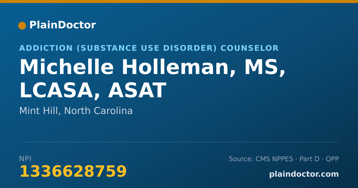Shareable card for Michelle Holleman, MS, LCASA, ASAT - Addiction (Substance Use Disorder) Counselor, Mint Hill, NC
