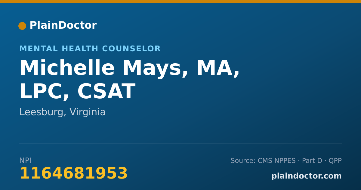 Shareable card for Michelle Mays, MA, LPC, CSAT - Mental Health Counselor, Leesburg, VA