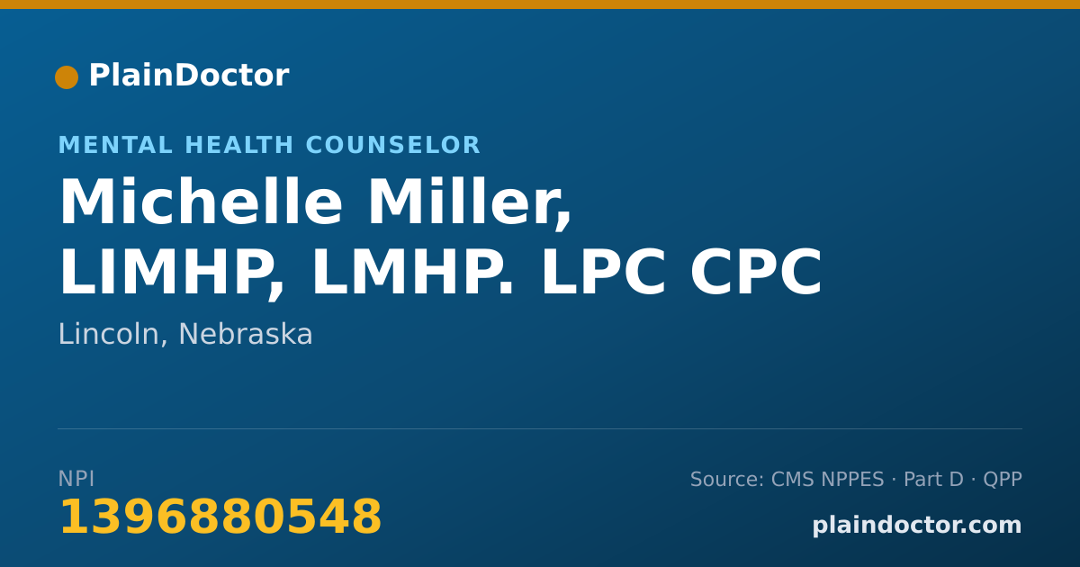 Shareable card for Michelle Miller, LIMHP, LMHP. LPC CPC - Mental Health Counselor, Lincoln, NE