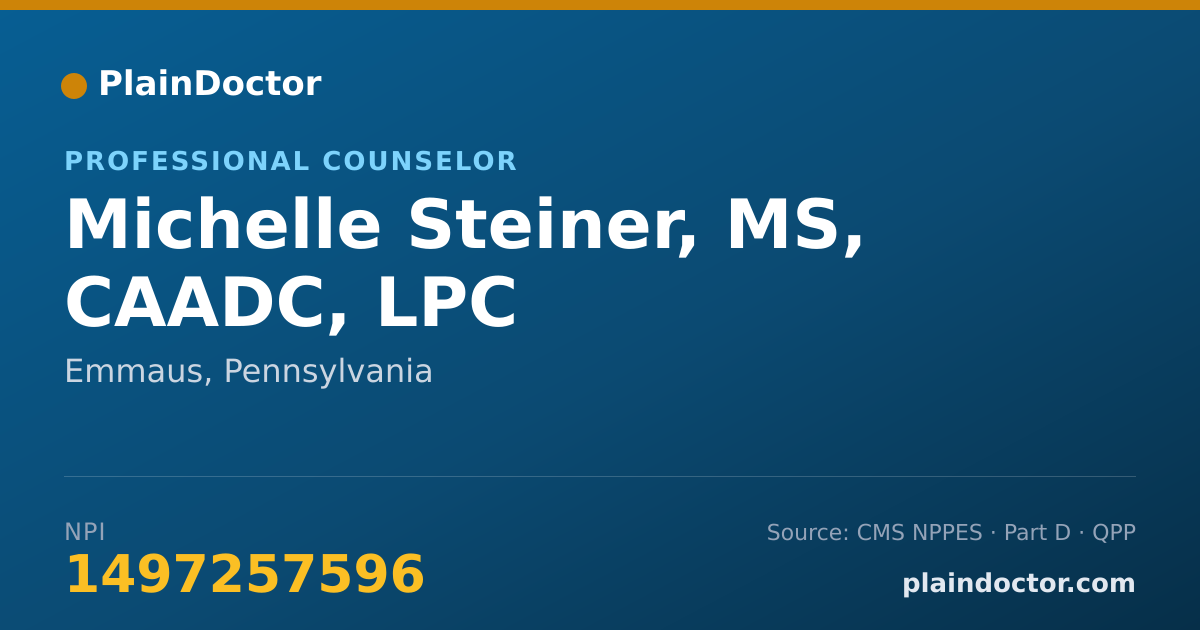 Shareable card for Michelle Steiner, MS, CAADC, LPC - Addiction (Substance Use Disorder) Counselor, Emmaus, PA