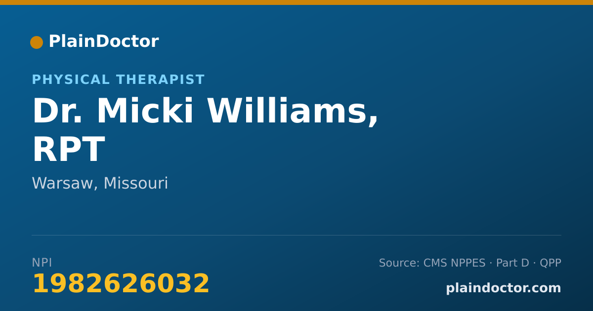 Shareable card for Micki Williams, RPT - Physical Therapist, Warsaw, MO