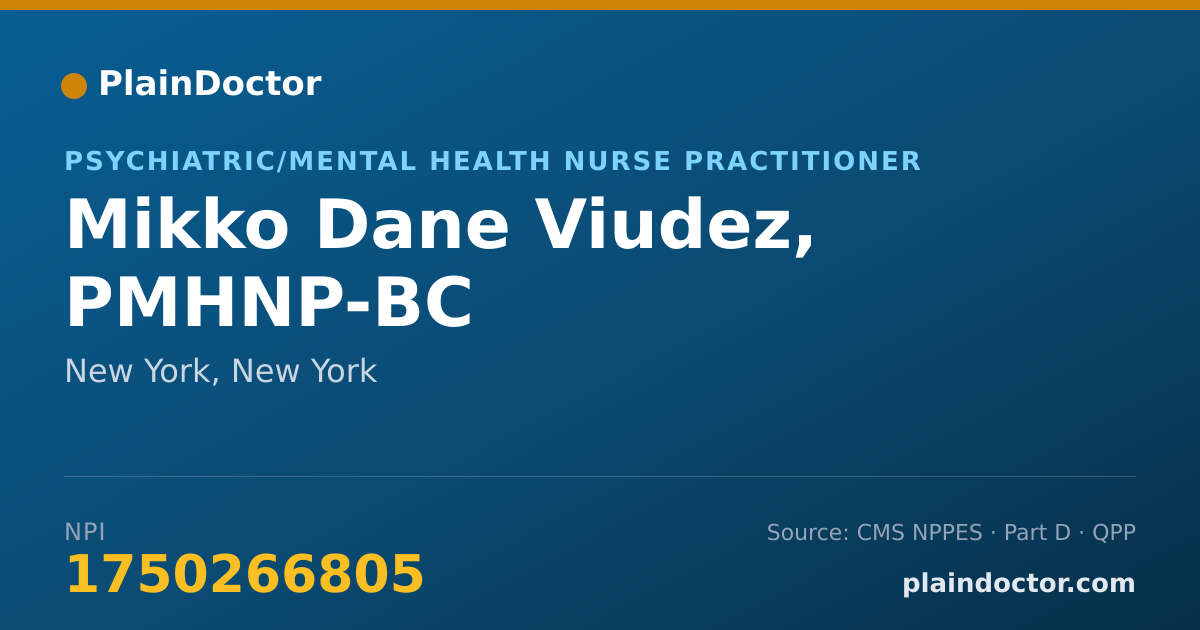 Shareable card for Mikko Dane Viudez, PMHNP-BC - Psychiatric/Mental Health Nurse Practitioner, New York, NY