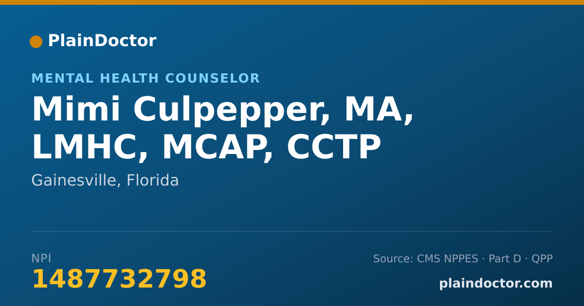 Shareable card for Mimi Culpepper, MA, LMHC, MCAP, CCTP - Mental Health Counselor, Gainesville, FL