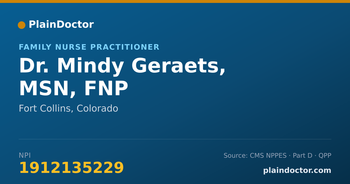 Shareable card for Mindy Geraets, MSN, FNP - Family Nurse Practitioner, Fort Collins, CO