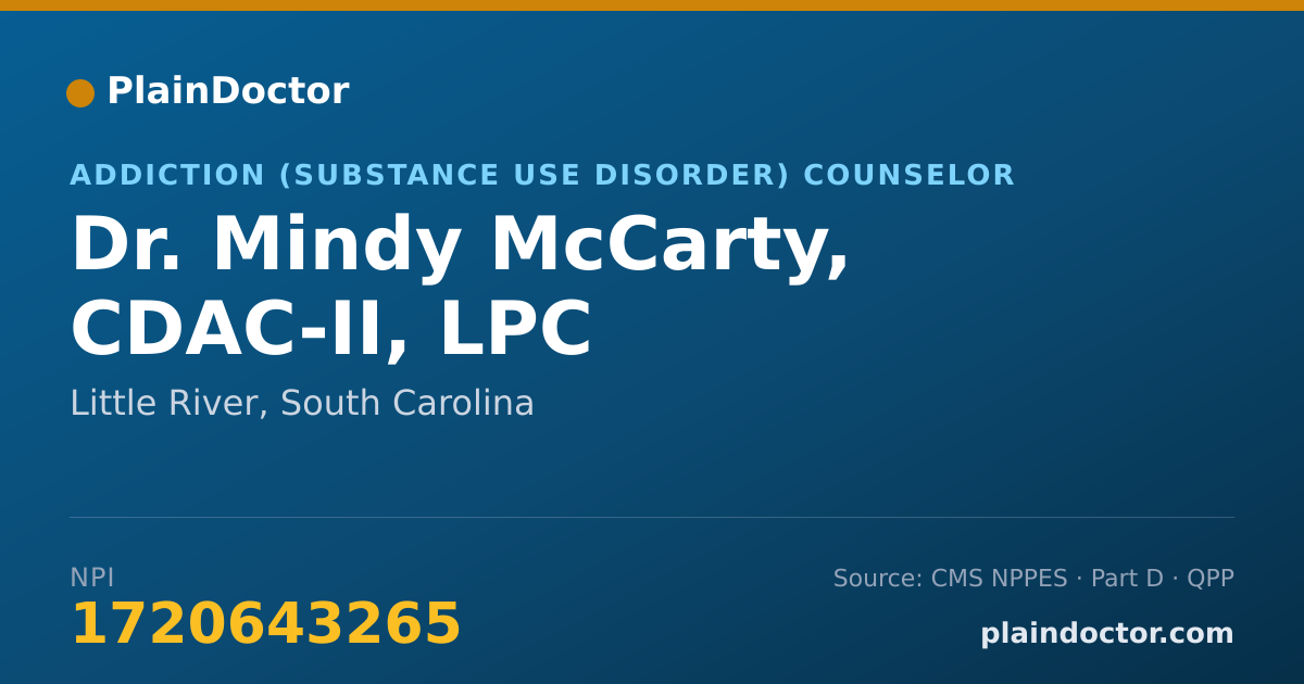 Shareable card for Mindy McCarty, CDAC-II, LPC - Addiction (Substance Use Disorder) Counselor, Little River, SC