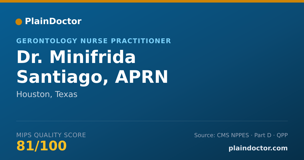 Shareable card for Minifrida Santiago, APRN - Gerontology Nurse Practitioner, Houston, TX
