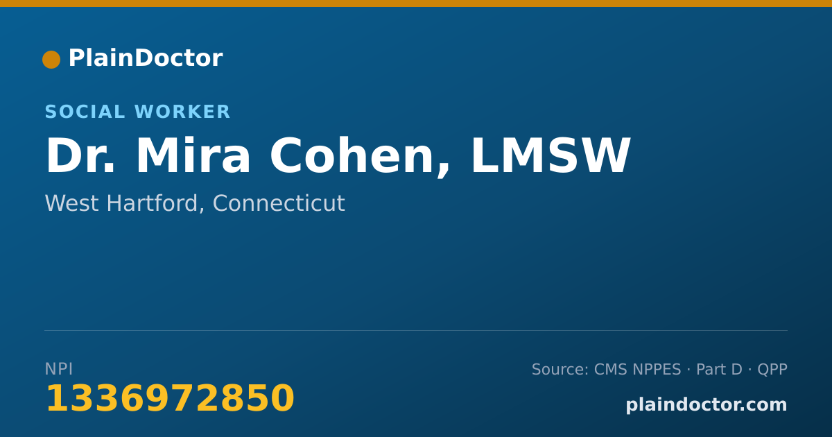Shareable card for Mira Cohen, LMSW - Social Worker, West Hartford, CT