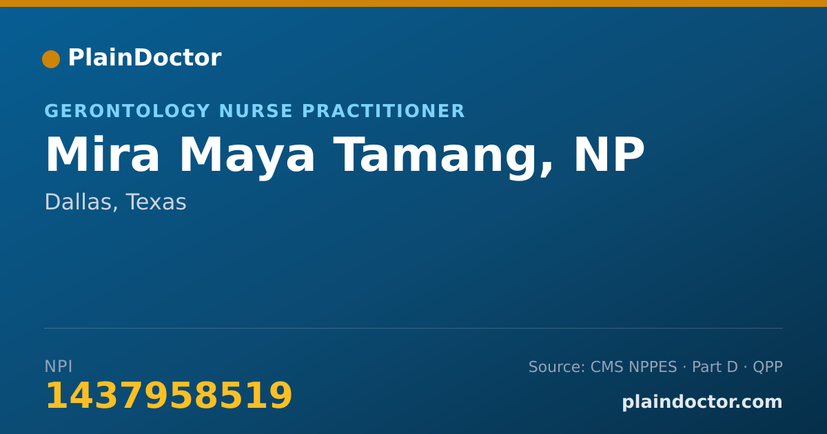 Shareable card for Mira Maya Tamang, NP - Gerontology Nurse Practitioner, Dallas, TX