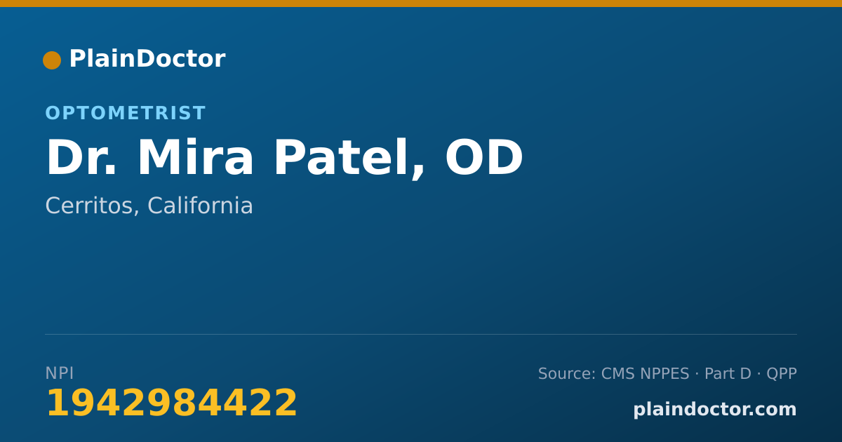 Shareable card for Mira Patel, OD - Optometrist, Cerritos, CA