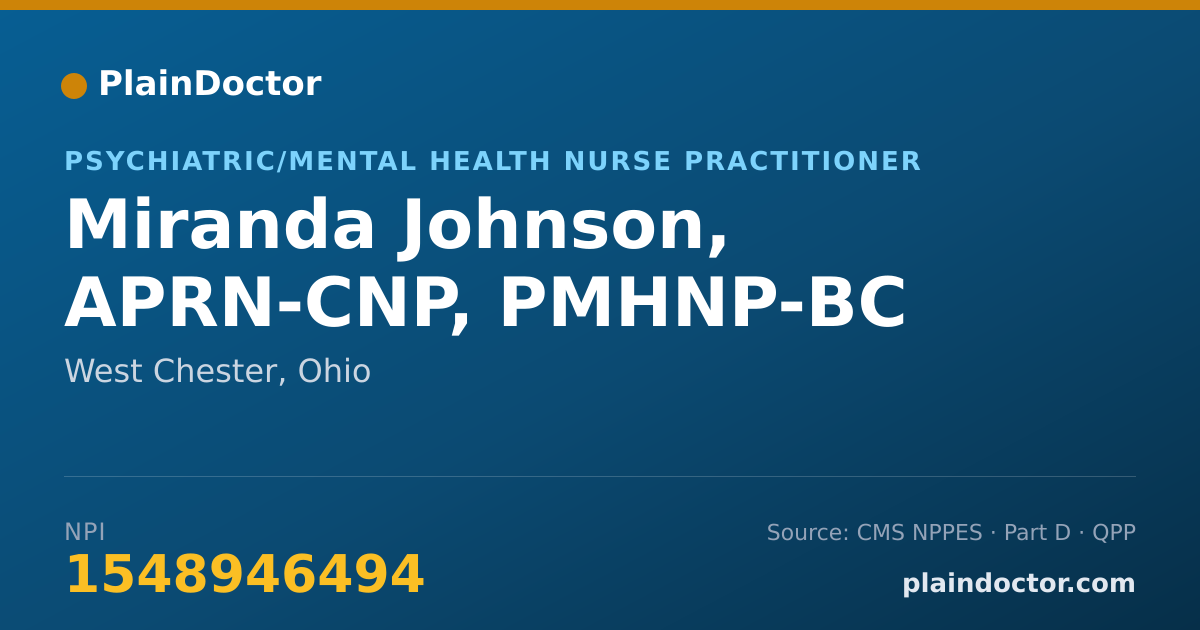 Shareable card for Miranda Johnson, APRN-CNP, PMHNP-BC - Psychiatric/Mental Health Nurse Practitioner, West Chester, OH