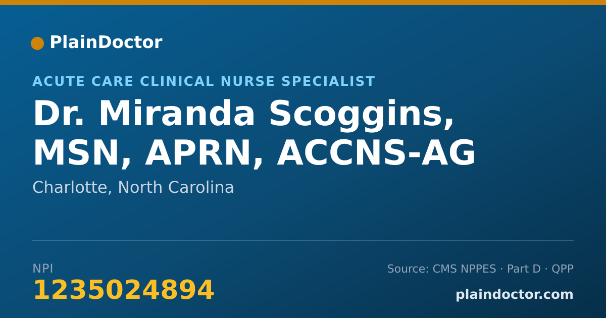 Shareable card for Miranda Scoggins, MSN, APRN, ACCNS-AG - Acute Care Clinical Nurse Specialist, Charlotte, NC