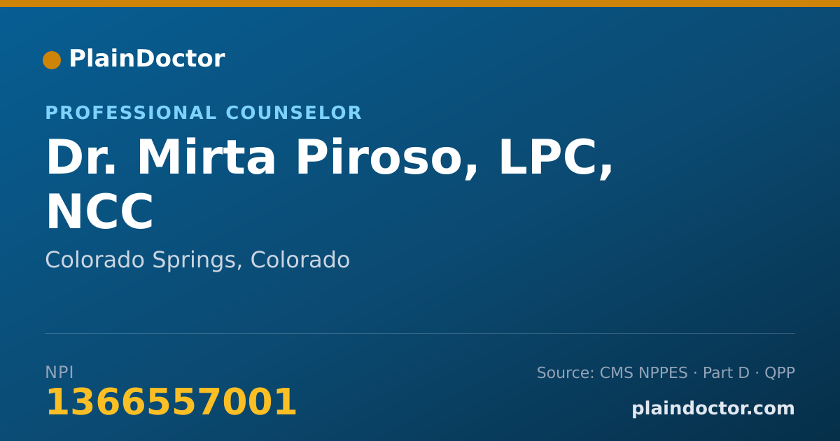 Shareable card for Mirta Piroso, LPC, NCC - Professional Counselor, Colorado Springs, CO