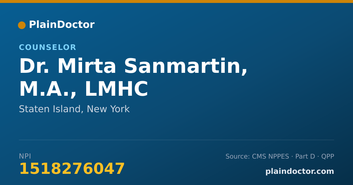 Shareable card for Mirta Sanmartin, M.A., LMHC - Counselor, Staten Island, NY