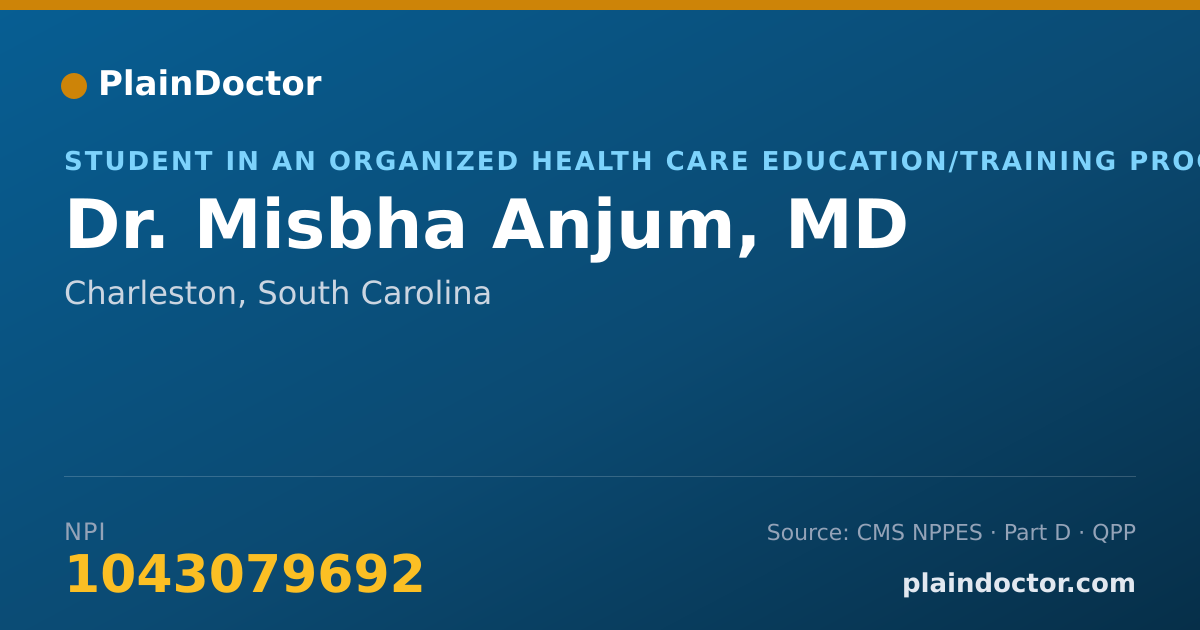Shareable card for Misbha Anjum, MD - Student in an Organized Health Care Education/Training Program, Charleston, SC