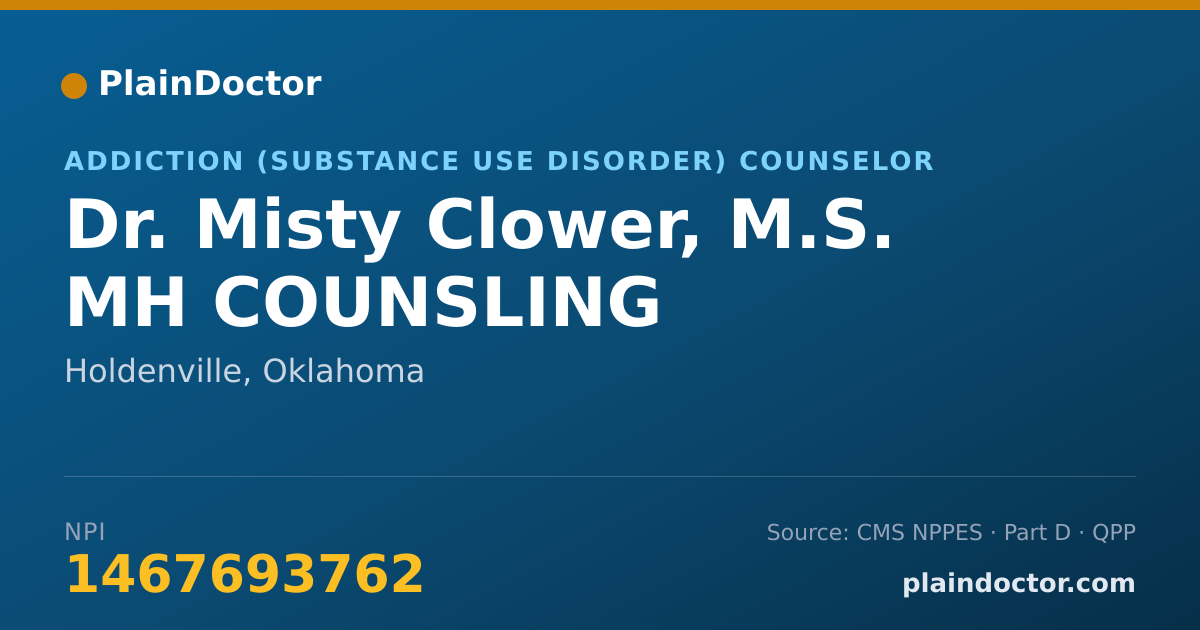 Shareable card for Misty Clower, M.S. MH COUNSLING - Addiction (Substance Use Disorder) Counselor, Holdenville, OK