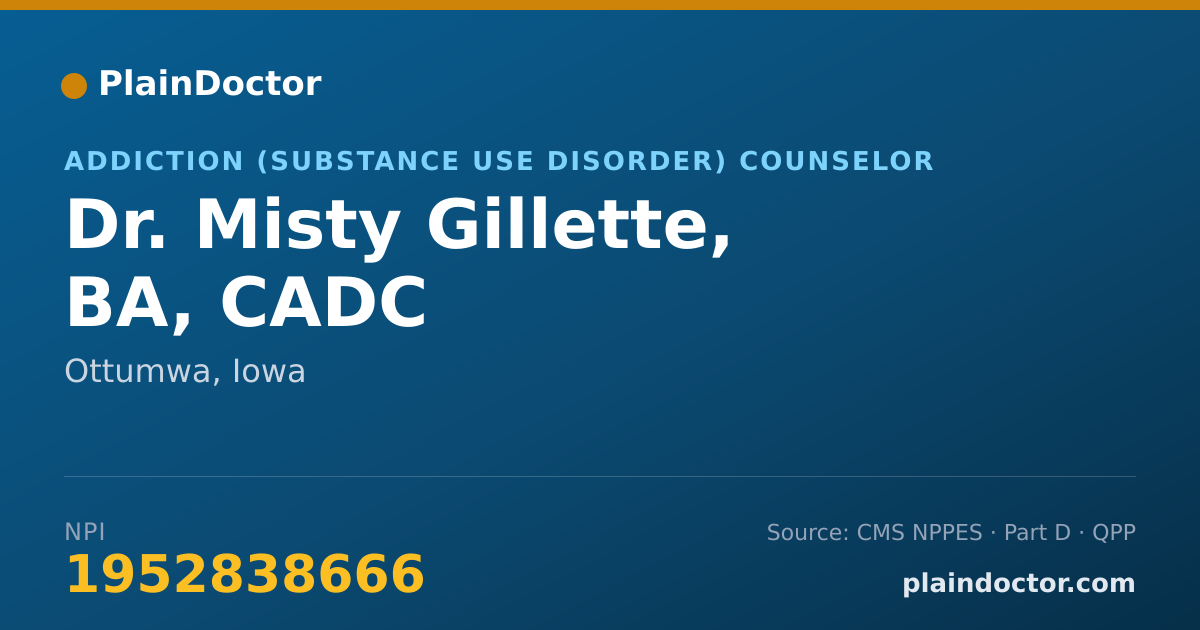 Shareable card for Misty Gillette, BA, CADC - Addiction (Substance Use Disorder) Counselor, Ottumwa, IA