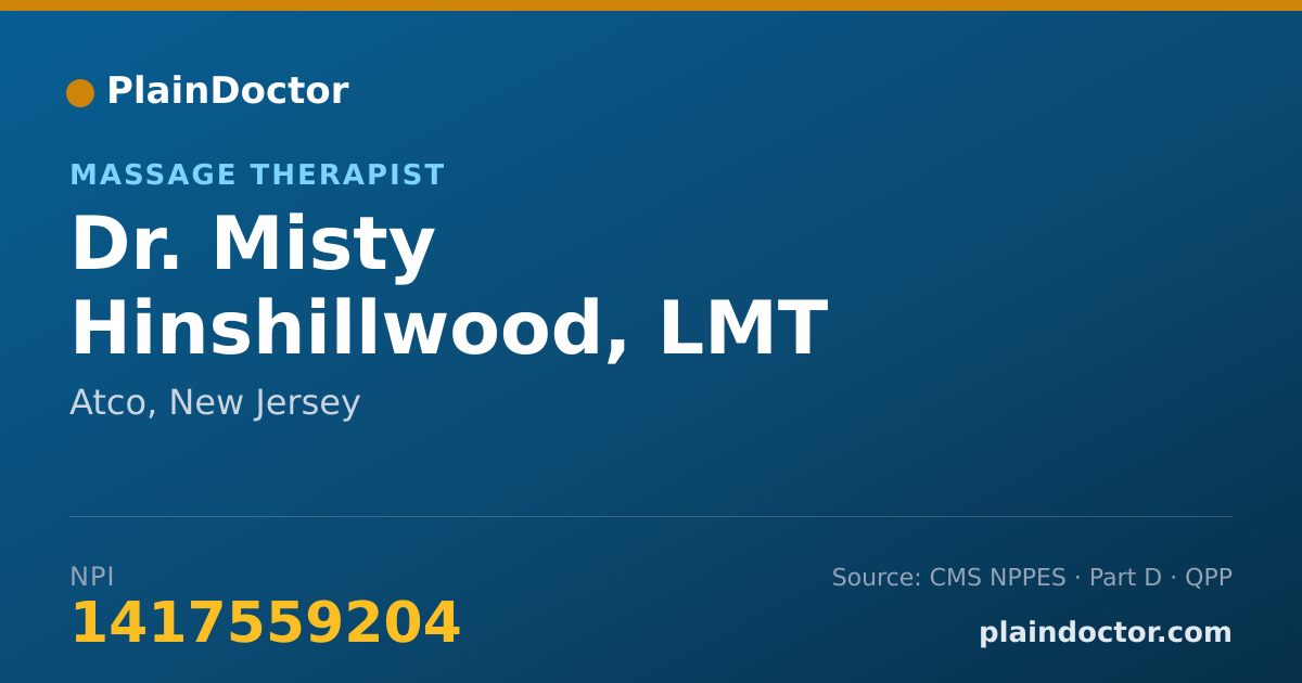 Shareable card for Misty Hinshillwood, LMT - Massage Therapist, Atco, NJ