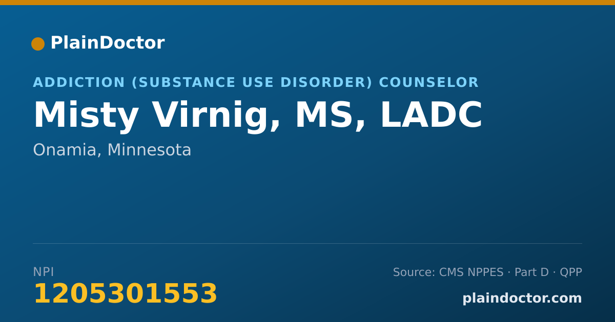 Shareable card for Misty Virnig, MS, LADC - Addiction (Substance Use Disorder) Counselor, Onamia, MN