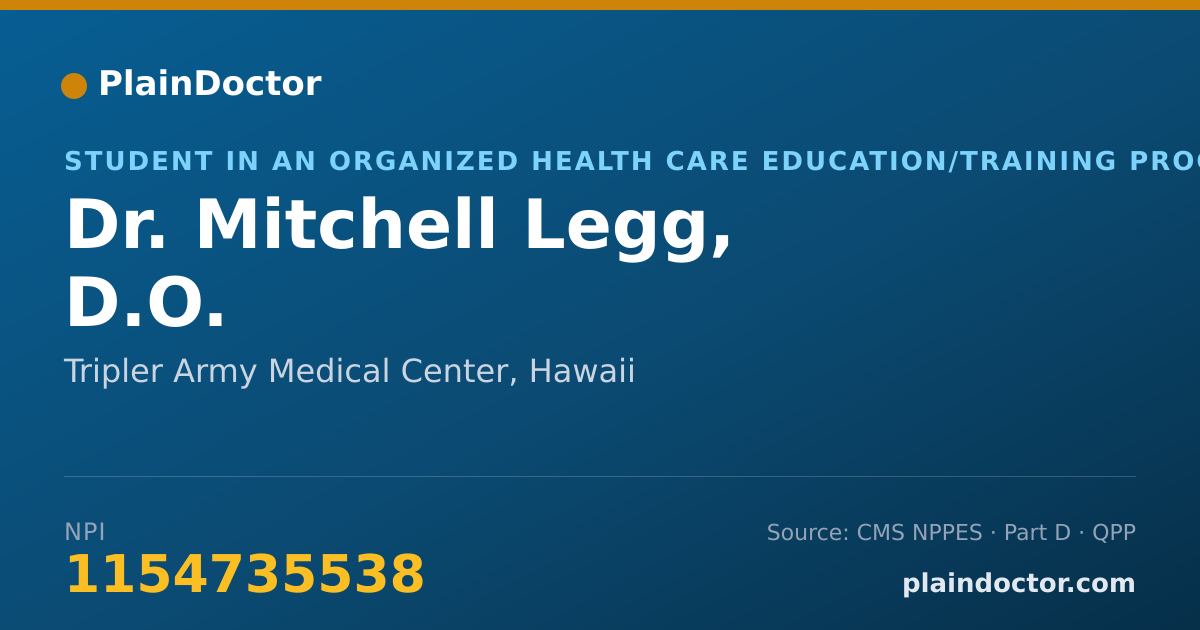 Shareable card for Mitchell Legg, D.O. - Student in an Organized Health Care Education/Training Program, Tripler Army Medical Center, HI
