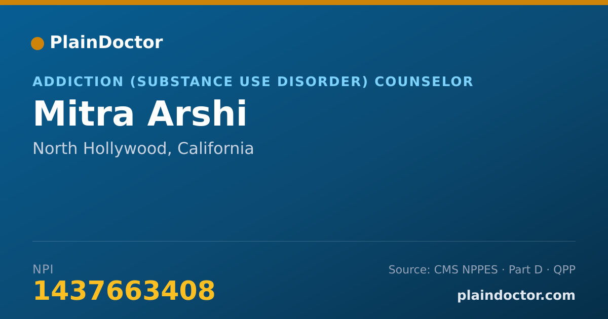 Shareable card for Mitra Arshi - Addiction (Substance Use Disorder) Counselor, North Hollywood, CA