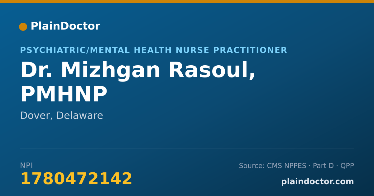 Shareable card for Mizhgan Rasoul, PMHNP - Psychiatric/Mental Health Nurse Practitioner, Dover, DE