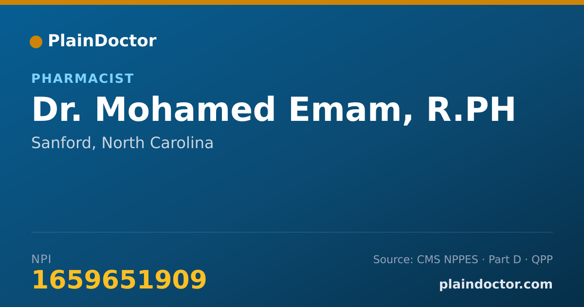 Shareable card for Mohamed Emam, R.PH - Pharmacist, Sanford, NC