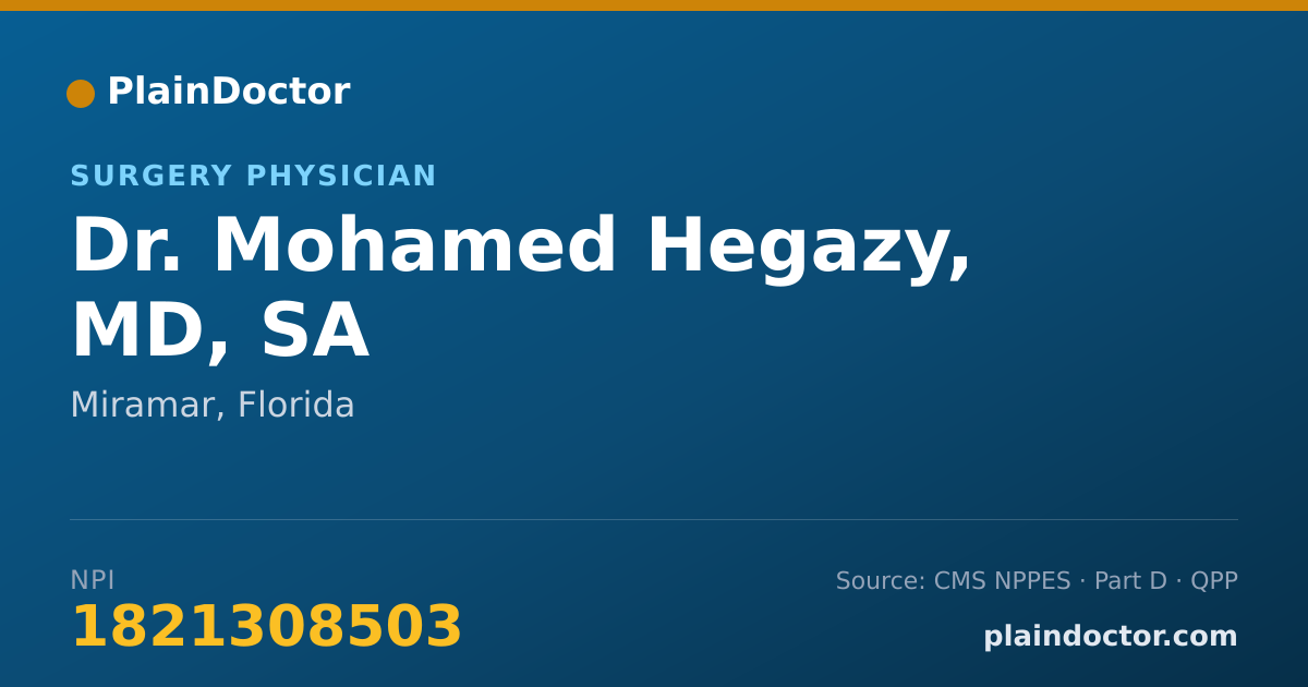 Shareable card for Mohamed Hegazy, MD, SA - Surgery Physician, Miramar, FL