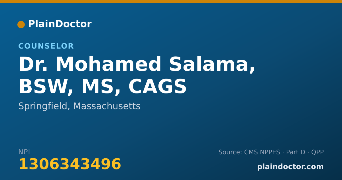 Shareable card for Mohamed Salama, BSW, MS, CAGS - Counselor, Springfield, MA